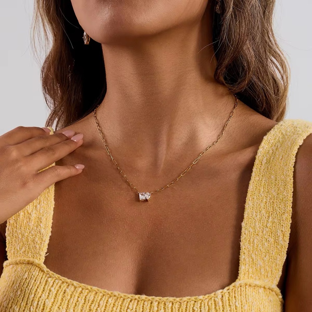 18K Gold Plated Heart and Square Cubic Zirconia Necklace - Picture 3 of 11